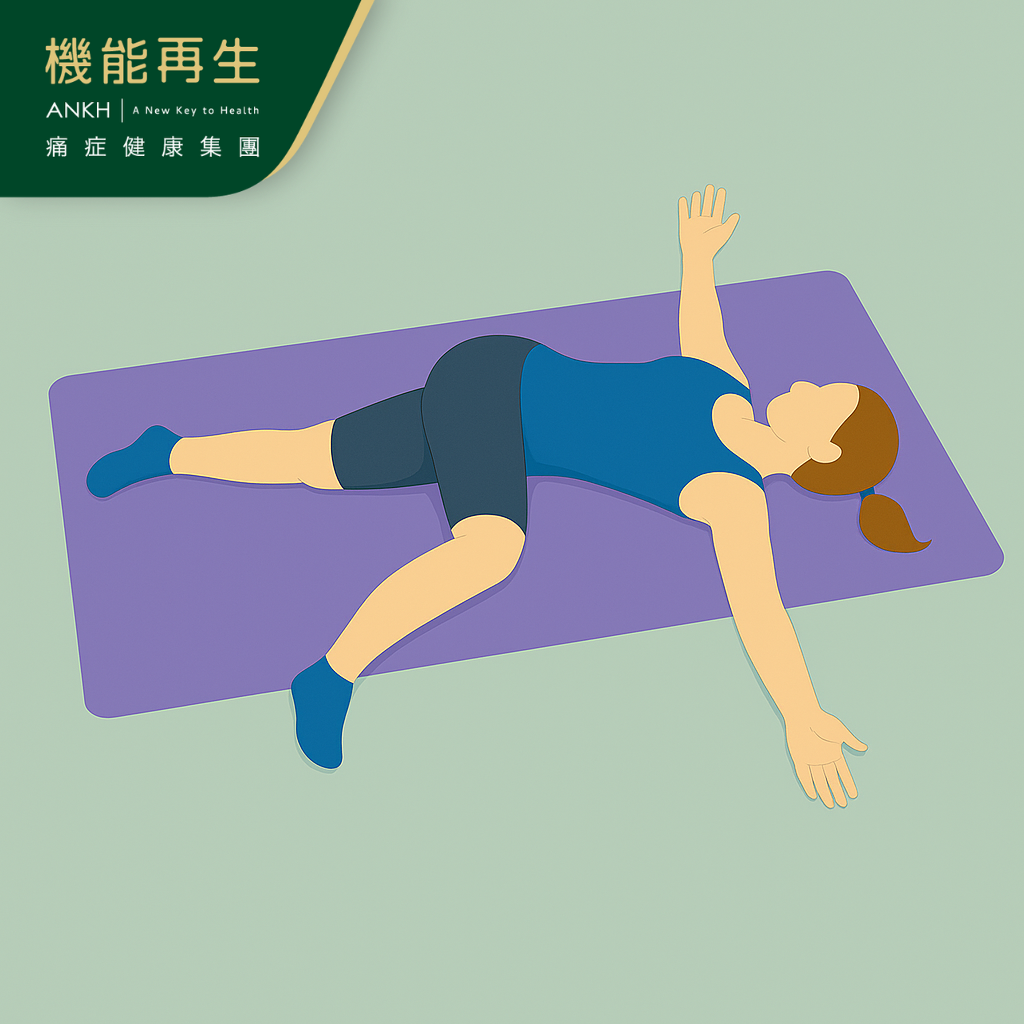躺姿膝蓋伸展能有效活動脊椎，放鬆下背肌群與深層肌肉，對改善脊椎壓力與促進血液循環非常有幫助。